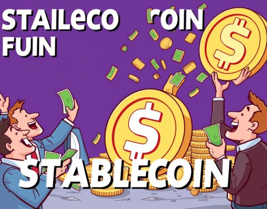 A cartoon illustration showing significant stablecoin funding and investment flowing into the digital asset market, symbolizing rapid growth.
