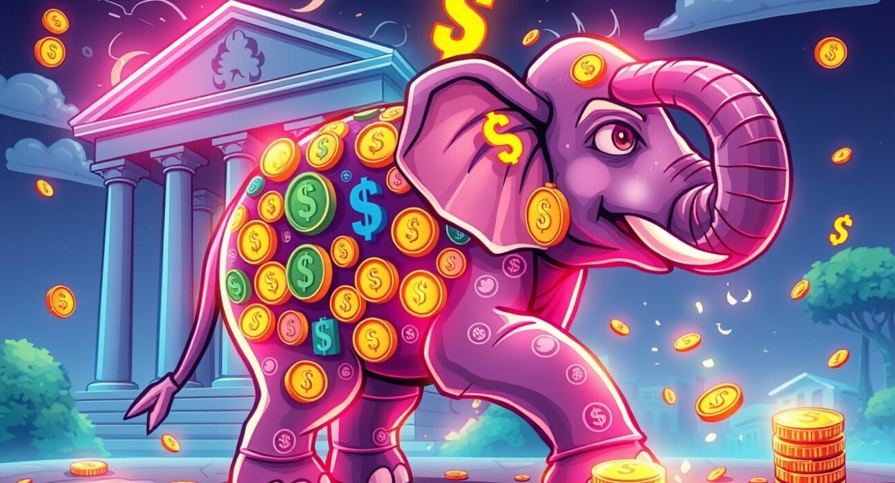 Stablecoin growth depicted as expanding digital currency elephant affecting central bank decisions