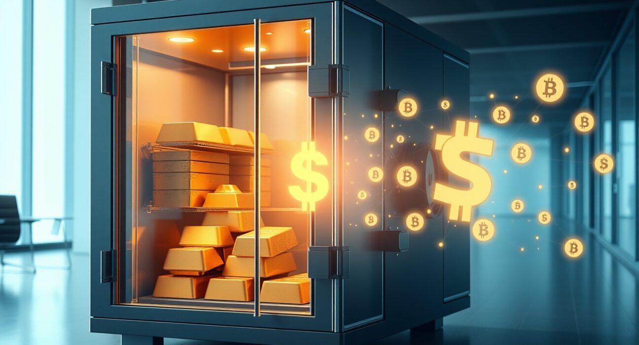 Stablecoin growth drawing capital from traditional bank vaults, symbolizing financial market disruption.