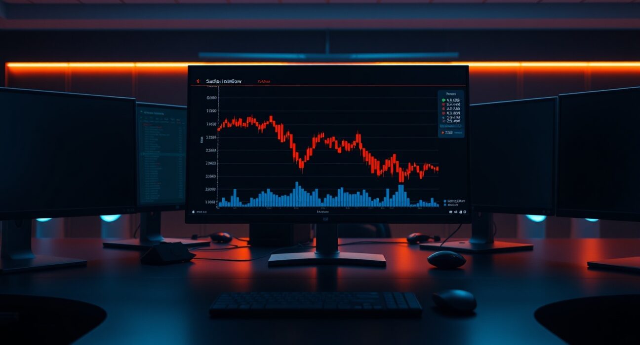 Cryptocurrency trading monitors showing a declining stablecoin inflow chart in a dimly lit office