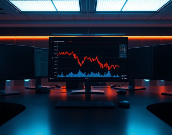 Cryptocurrency trading monitors showing a declining stablecoin inflow chart in a dimly lit office