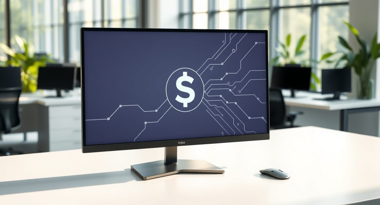 Modern office desk with a monitor displaying a stablecoin icon, representing Checker's institutional infrastructure.