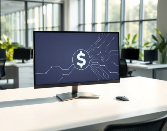 Modern office desk with a monitor displaying a stablecoin icon, representing Checker's institutional infrastructure.