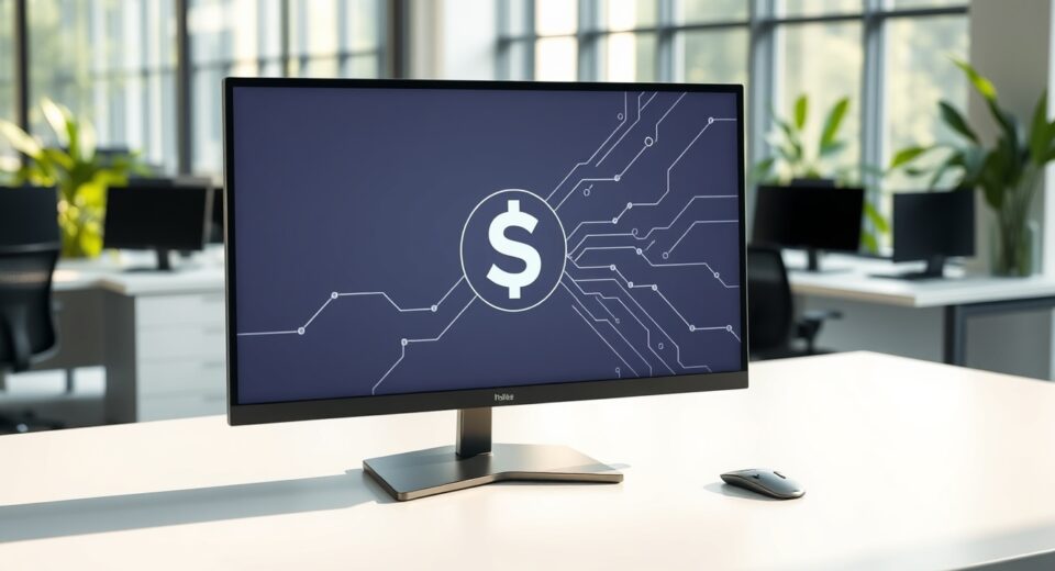 Modern office desk with a monitor displaying a stablecoin icon, representing Checker's institutional infrastructure.