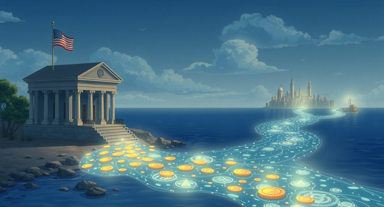 Conceptual Ghibli-style art showing capital flowing from US-regulated markets to offshore synthetic dollar products due to a stablecoin interest ban.