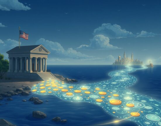 Conceptual Ghibli-style art showing capital flowing from US-regulated markets to offshore synthetic dollar products due to a stablecoin interest ban.