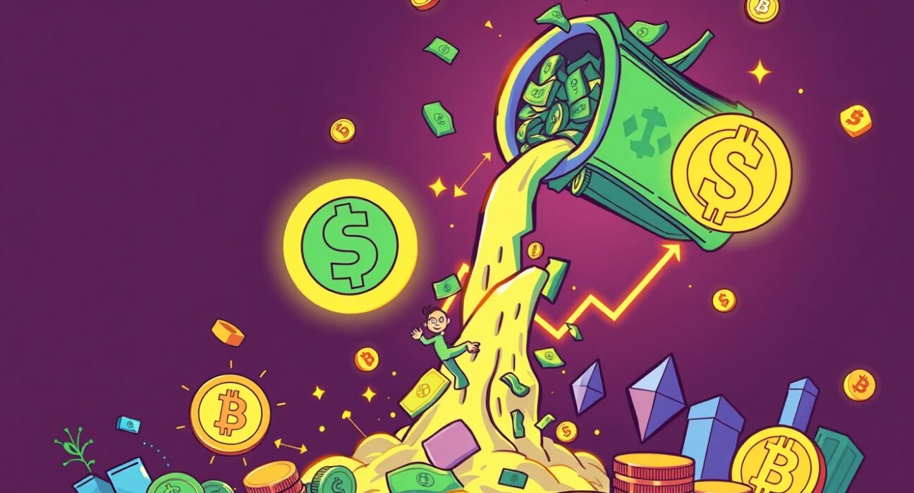 Cartoon illustration depicting significant stablecoin issuance flowing into the crypto market, signaling potential growth.