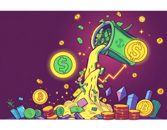 Cartoon illustration depicting significant stablecoin issuance flowing into the crypto market, signaling potential growth.