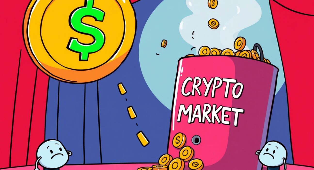 Cartoon illustrating stablecoin issuance failing to boost the crypto market as coins leak from a bucket.