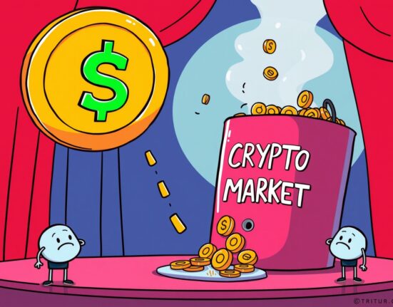 Cartoon illustrating stablecoin issuance failing to boost the crypto market as coins leak from a bucket.