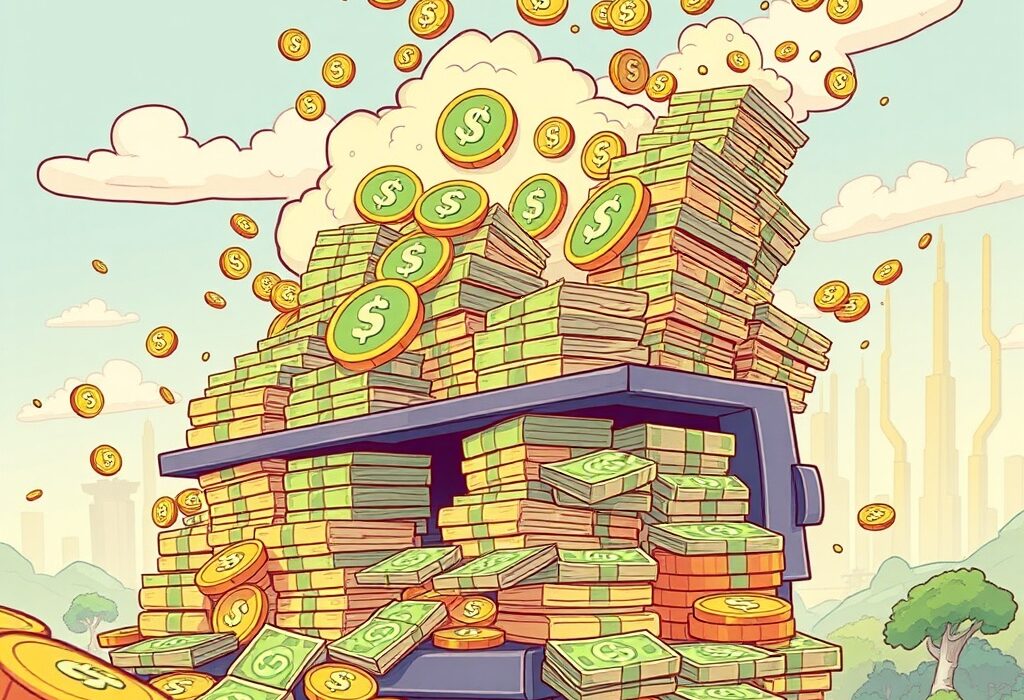 A cartoon illustration depicting rapid stablecoin issuance, with large amounts of Tether USDT and Circle USDC symbols overflowing, signifying significant growth.