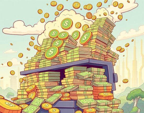 A cartoon illustration depicting rapid stablecoin issuance, with large amounts of Tether USDT and Circle USDC symbols overflowing, signifying significant growth.