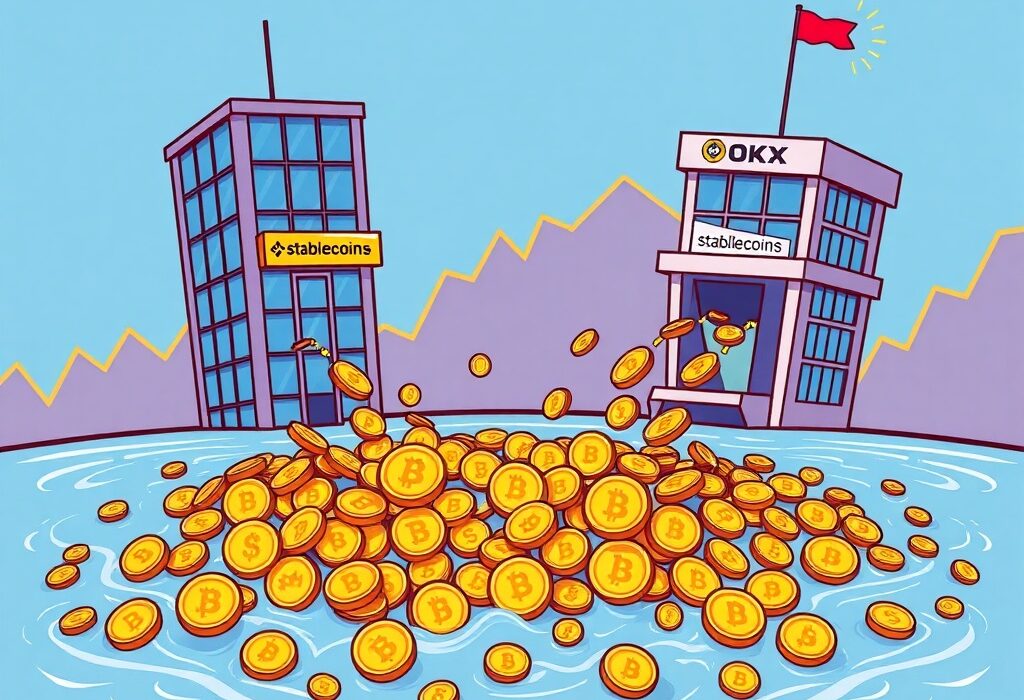 Cartoon illustration showing a massive pool of stablecoins growing, symbolizing the record-breaking stablecoin liquidity and market expansion.