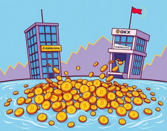 Cartoon illustration showing a massive pool of stablecoins growing, symbolizing the record-breaking stablecoin liquidity and market expansion.