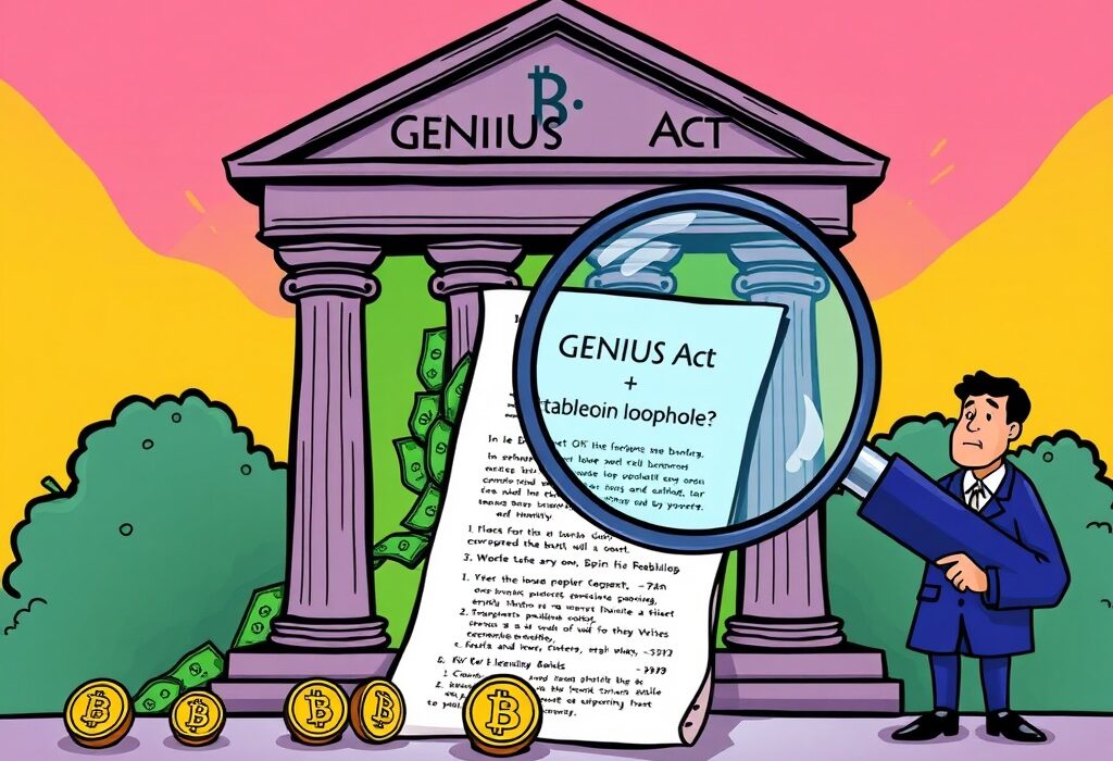 A cartoon illustration showing money leaving a bank towards stablecoins, symbolizing the impact of the stablecoin loophole in the GENIUS Act.
