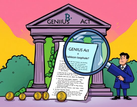 A cartoon illustration showing money leaving a bank towards stablecoins, symbolizing the impact of the stablecoin loophole in the GENIUS Act.