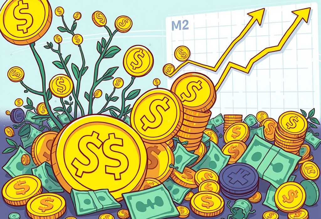 A cartoon illustration showing the significant growth of the Stablecoin M2 money supply and its integration into global finance.