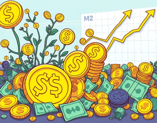 A cartoon illustration showing the significant growth of the Stablecoin M2 money supply and its integration into global finance.