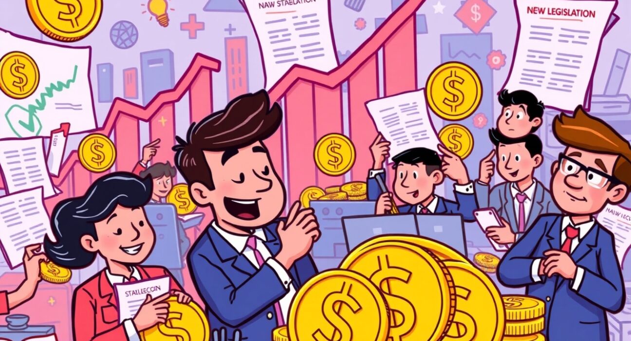 A cartoon illustration showing professionals working with digital currencies, representing the rapid growth in the stablecoin market.