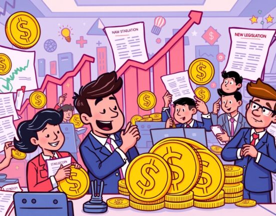 A cartoon illustration showing professionals working with digital currencies, representing the rapid growth in the stablecoin market.