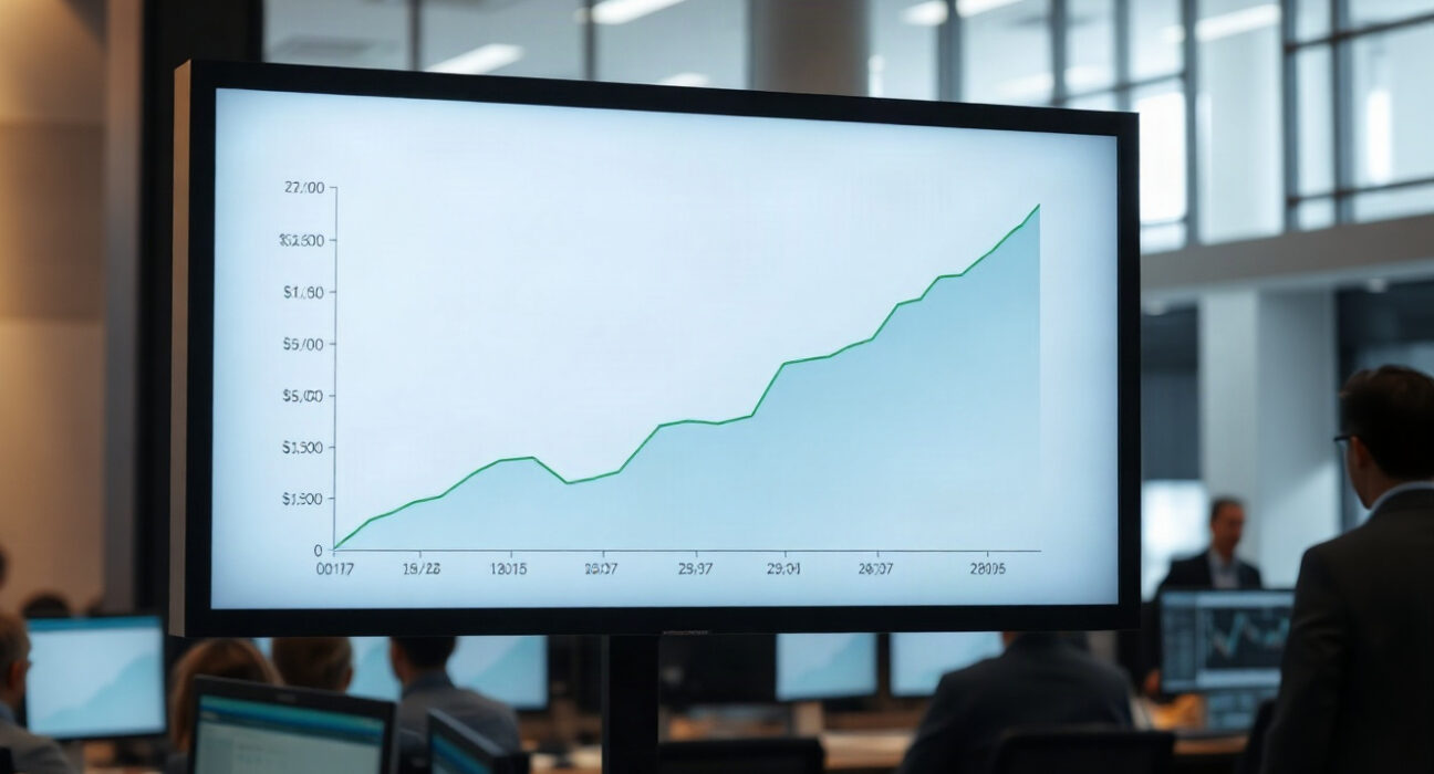 Digital display showing stablecoin market cap growth chart on a trading floor