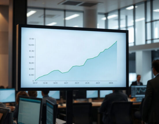 Digital display showing stablecoin market cap growth chart on a trading floor