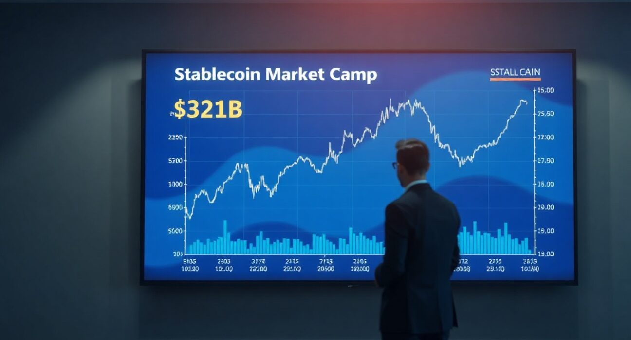 Digital screen showing stablecoin market cap chart reaching $321 billion record high in April 2025