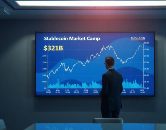 Digital screen showing stablecoin market cap chart reaching $321 billion record high in April 2025