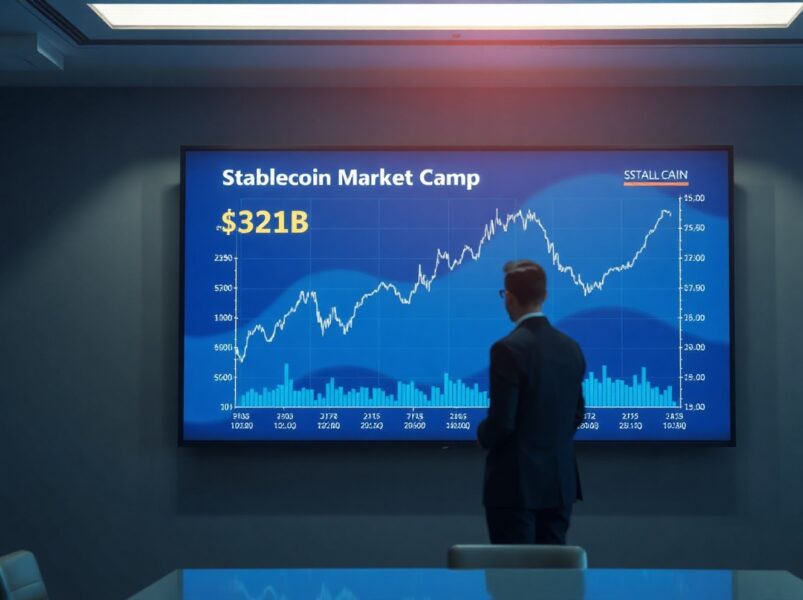 Digital screen showing stablecoin market cap chart reaching $321 billion record high in April 2025