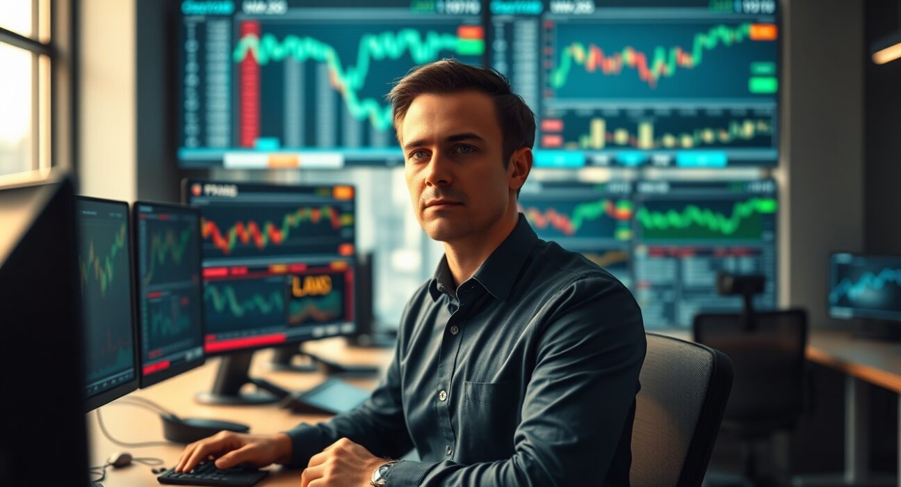 Financial analyst monitoring cryptocurrency and stock market data on multiple screens in a modern newsroom