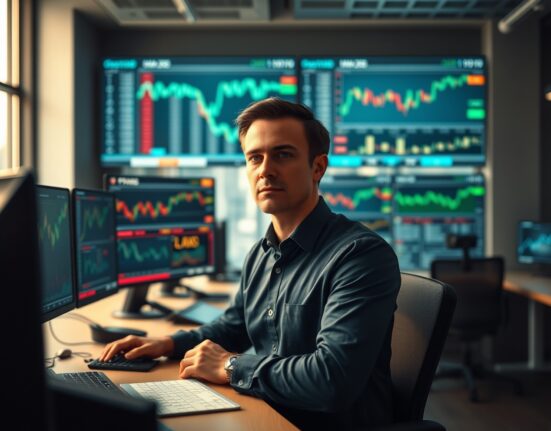 Financial analyst monitoring cryptocurrency and stock market data on multiple screens in a modern newsroom