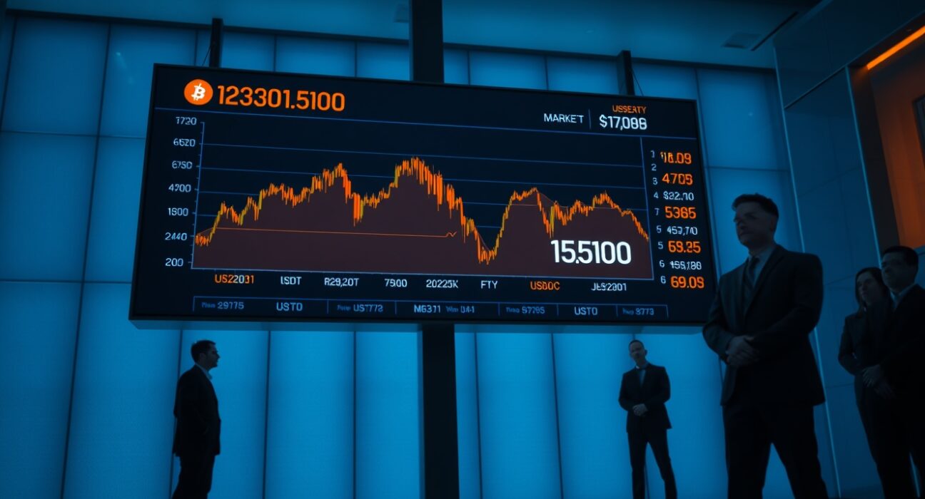 Stablecoin market cap chart showing decline in a financial trading office