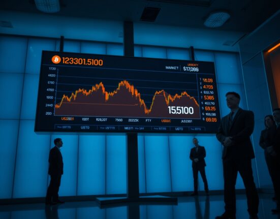 Stablecoin market cap chart showing decline in a financial trading office