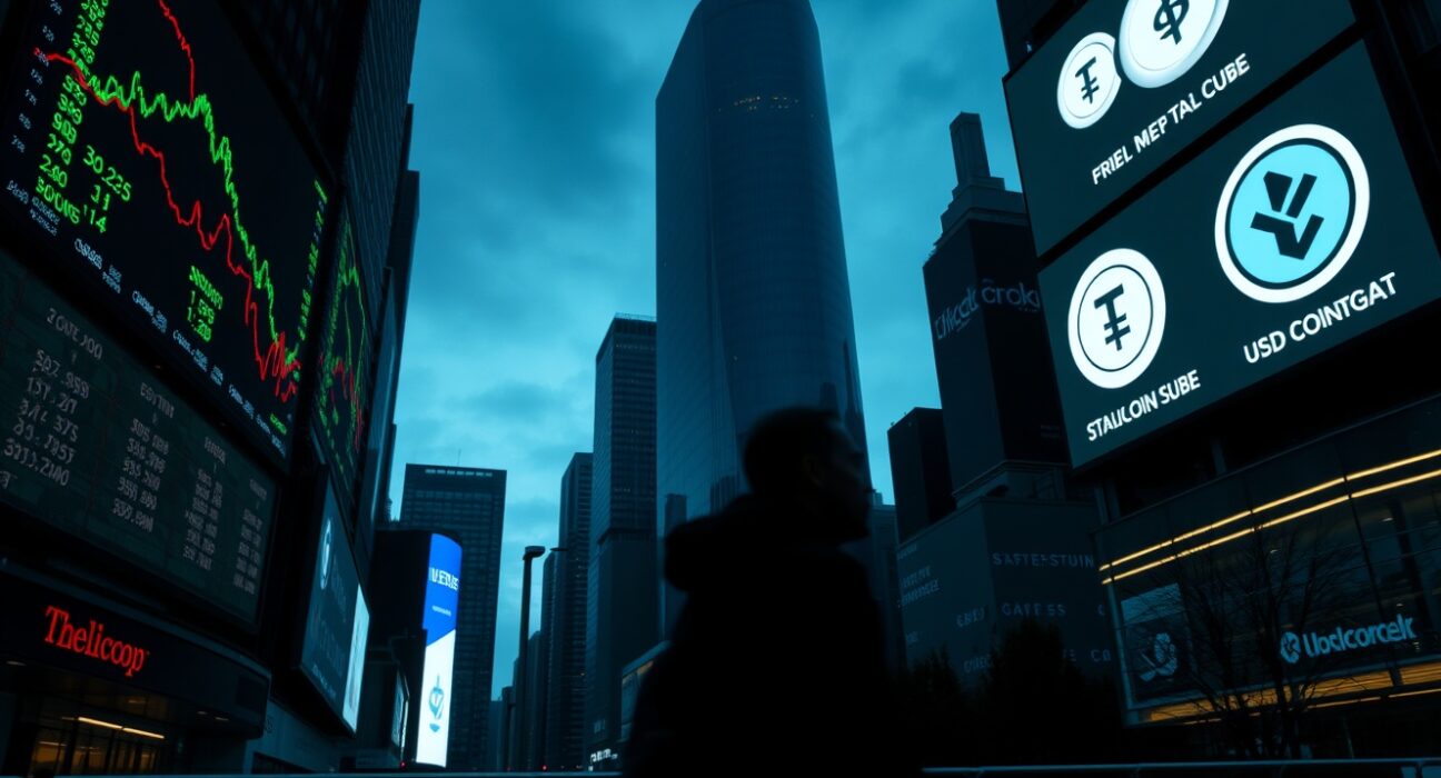 Dark city skyline with digital screens showing declining crypto charts and stablecoin logos, representing capital outflows.