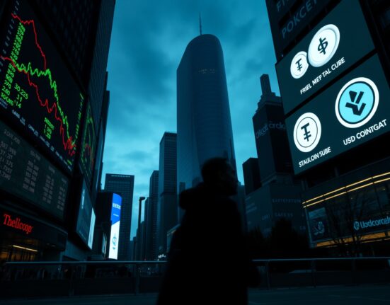 Dark city skyline with digital screens showing declining crypto charts and stablecoin logos, representing capital outflows.