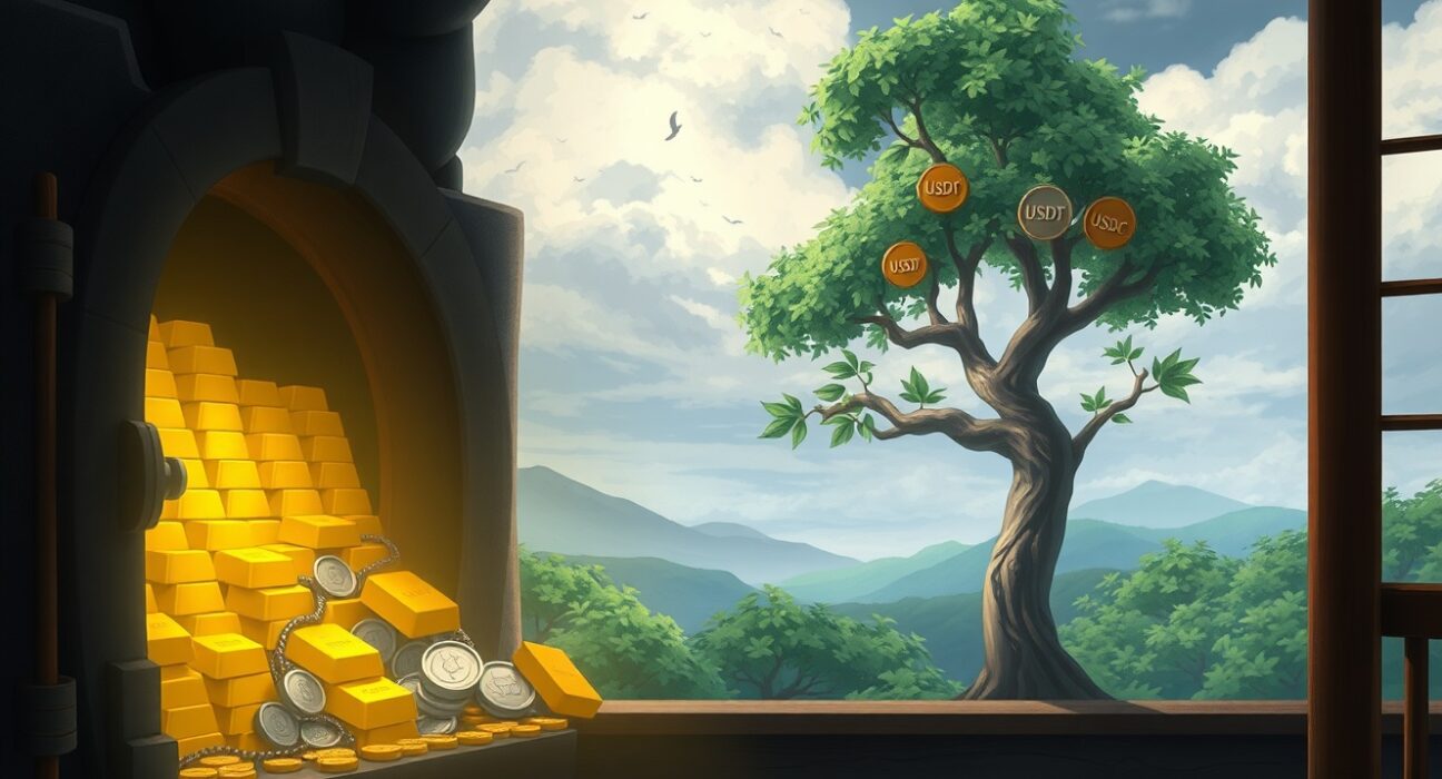 Illustration of a stablecoin liquidity drain causing capital flight from crypto to traditional gold vaults.