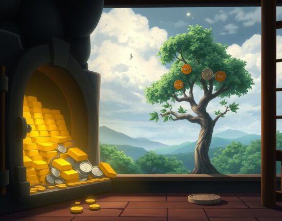 Illustration of a stablecoin liquidity drain causing capital flight from crypto to traditional gold vaults.