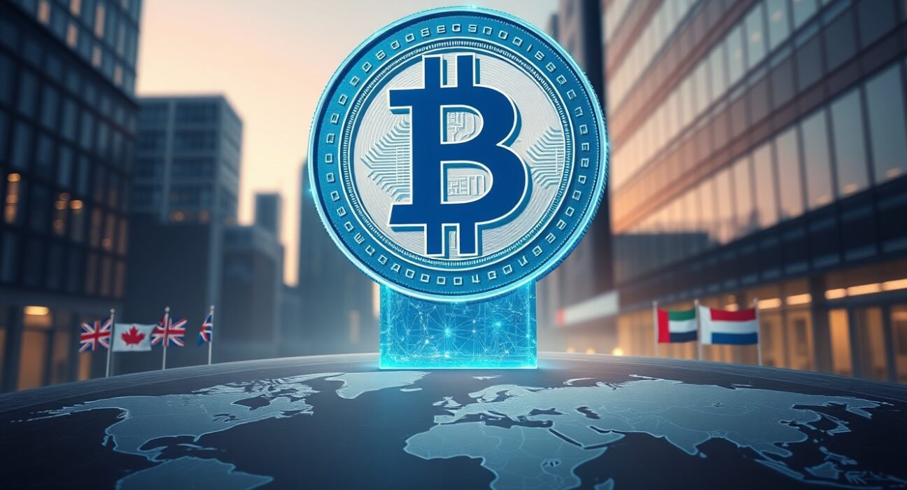 Digital stablecoin symbol rising above a world map with national flags fading into the background