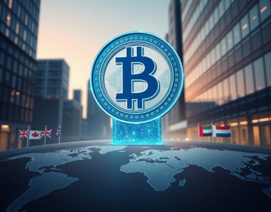 Digital stablecoin symbol rising above a world map with national flags fading into the background