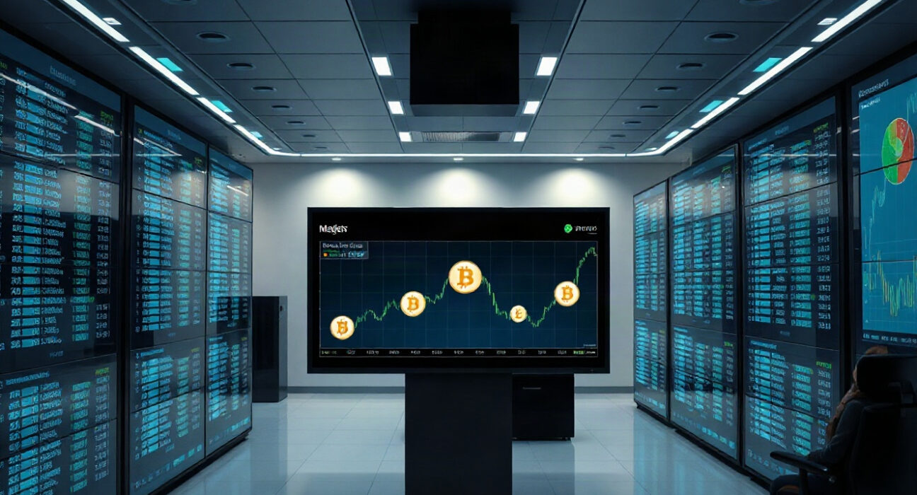 Cryptocurrency market charts on a screen showing stablecoin growth trends