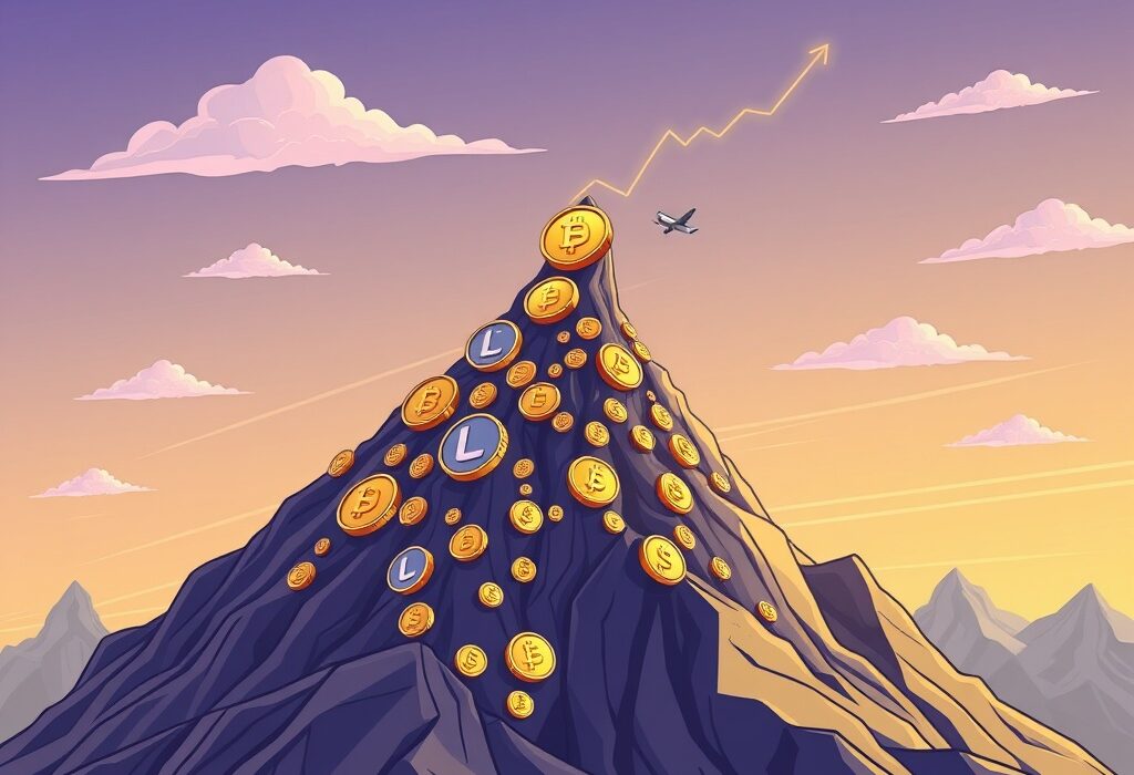 A vibrant cartoon illustration depicting the stablecoin market cap rising dramatically, represented by stacks of digital coins reaching new heights, symbolizing unprecedented growth.