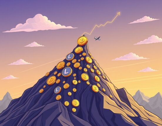 A vibrant cartoon illustration depicting the stablecoin market cap rising dramatically, represented by stacks of digital coins reaching new heights, symbolizing unprecedented growth.