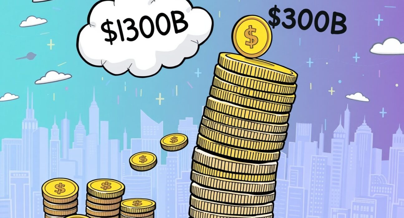 A cartoon illustration showing the rapid growth of the stablecoin market cap to an astounding $300 billion, with major stablecoins like USDT and USDC contributing.