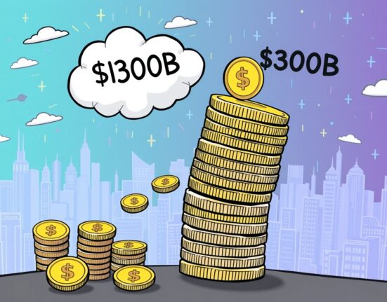 A cartoon illustration showing the rapid growth of the stablecoin market cap to an astounding $300 billion, with major stablecoins like USDT and USDC contributing.