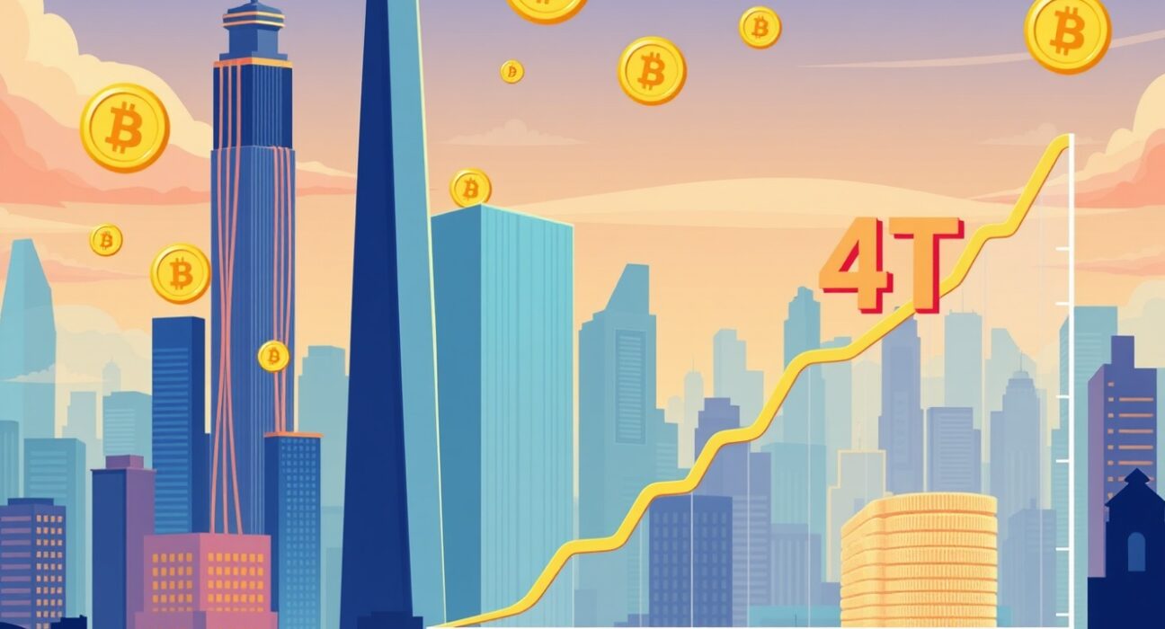 A cartoon illustration showing a booming stablecoin market forecast with a $4 trillion projection.