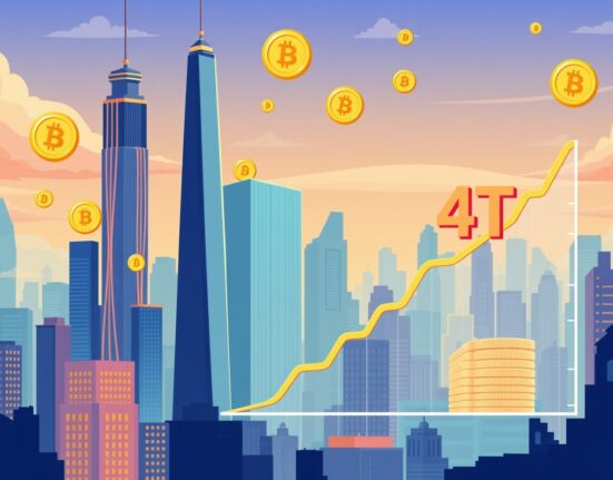 A cartoon illustration showing a booming stablecoin market forecast with a $4 trillion projection.