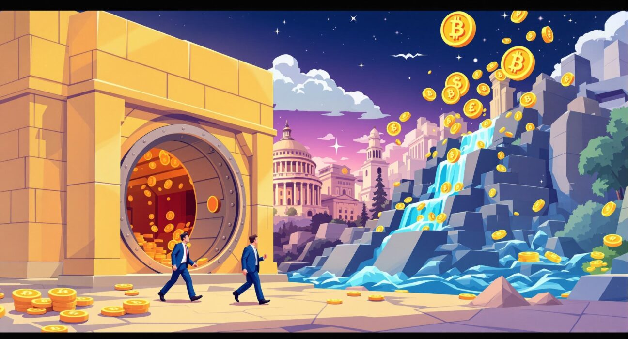 Cartoon showing the stablecoin market growing rapidly due to new regulations, attracting institutional investment and stability.
