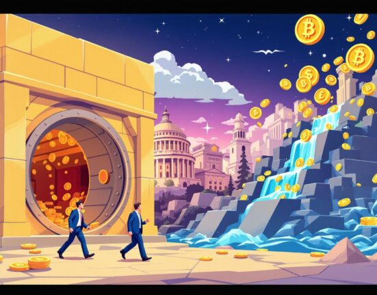 Cartoon showing the stablecoin market growing rapidly due to new regulations, attracting institutional investment and stability.