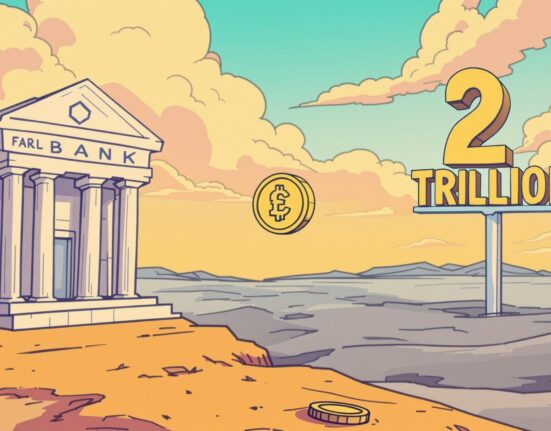 A cartoon illustration showing JPMorgan's skeptical view of the future stablecoin market, highlighting the challenges to reaching a $2 trillion valuation.