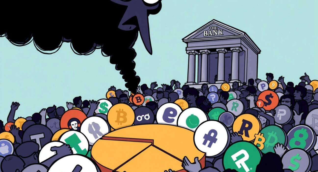 A vibrant cartoon showing stablecoin issuers fiercely competing for market share, illustrating the urgent stablecoin market zero-sum warning.